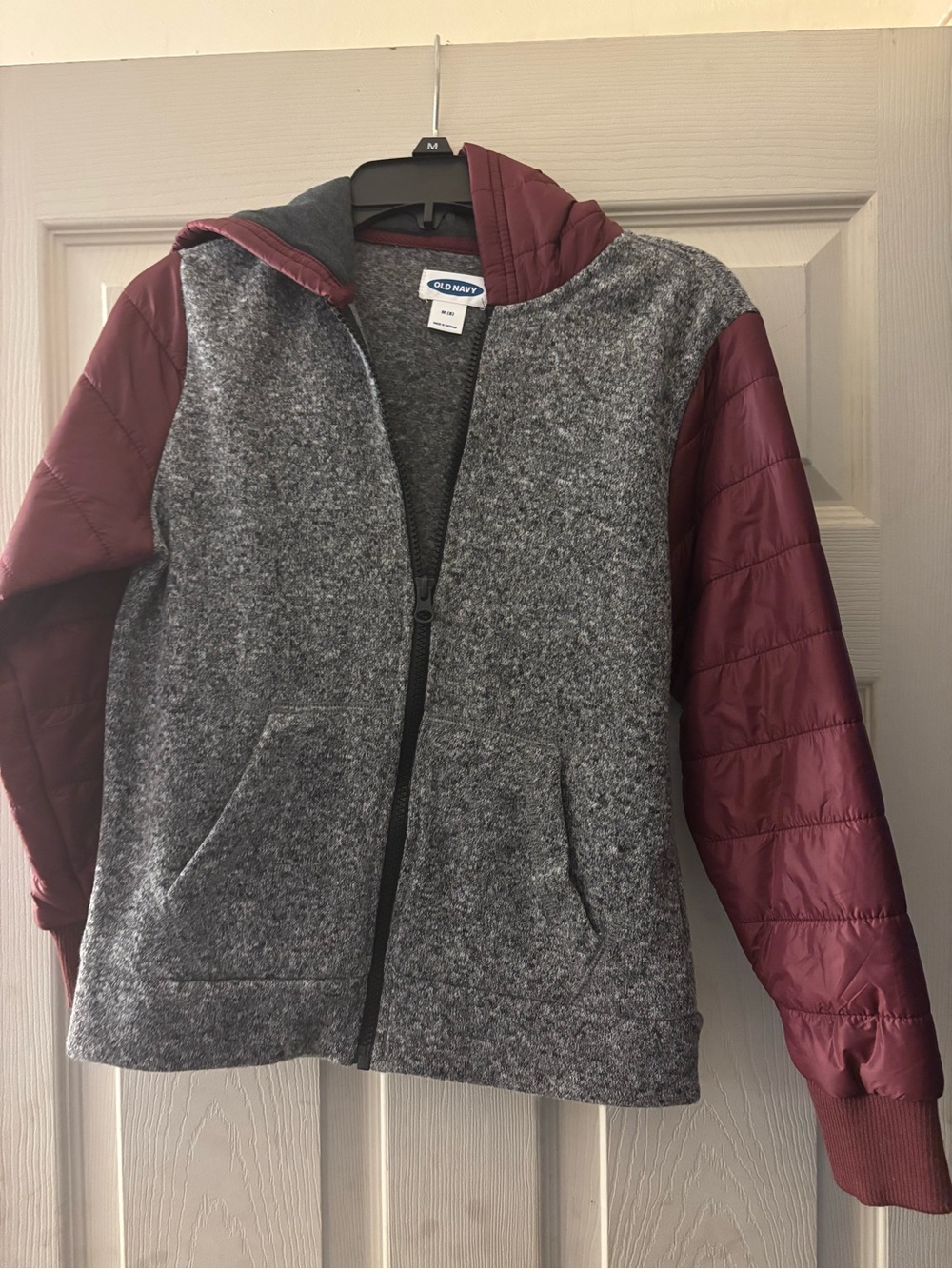 Old Navy Gray Heather Body with Burgundy Quilted Sleeve Zip Hoodie